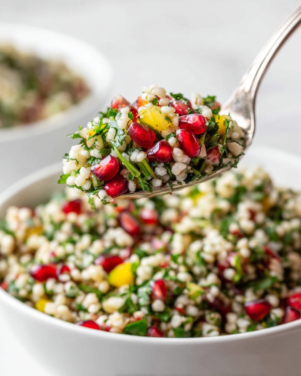 The image shows two white bowls filled with a colorful couscous salad. The salad has a mix of small white couscous grains, bright red pomegranate seeds, green chopped herbs, and small pieces of yellow bell pepper. The bowl in the front is full and close to the camera, showing the detailed texture of the salad, while the bowl in the back is larger and slightly blurred. In the foreground, two lime wedges lie on a white marbled surface, and a small white ramekin filled with pomegranate seeds sits nearby. A striped cloth is softly draped in the background. Photo taken with an iphone --ar 4:5 --v 7
