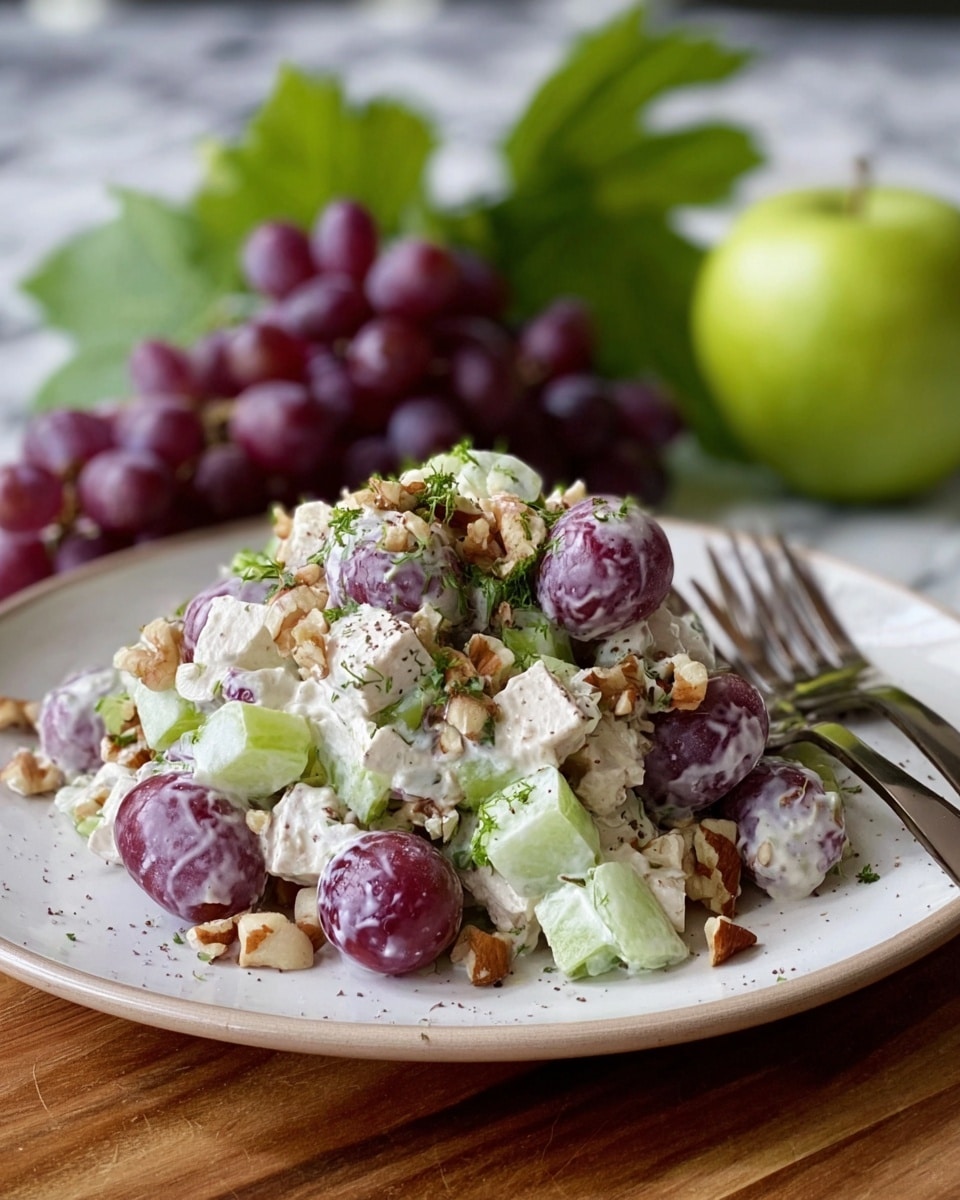 A white plate holds a piled salad made of several layers: round purple grapes with creamy dressing, small chopped light green celery pieces, and chunks of pale white cheese mixed together. Some pieces of light brown nuts are scattered on top along with small green herb sprinkles and a light dusting of black pepper. The plate is on a wooden table with a bunch of purple grapes, bright green leaves, and a shiny green apple in the background, with a silver fork resting behind the salad. The surface has a white marbled texture. Photo taken with an iphone --ar 4:5 --v 7
