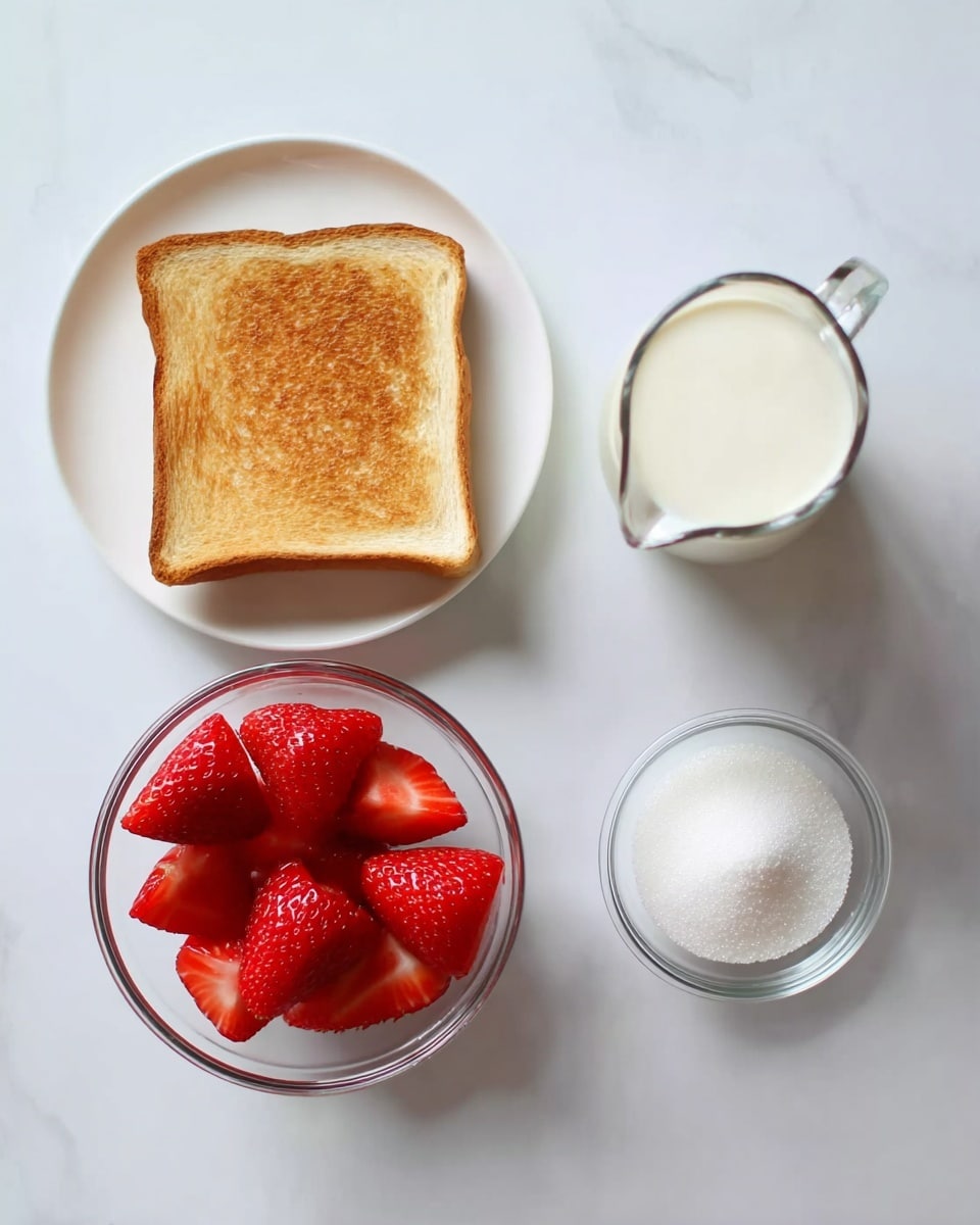 The image shows four items placed in a neat row on a white marbled background. On the left, there is a slice of lightly toasted bread with a golden brown crust sitting on a simple white plate. Next to it is a clear glass bowl filled with five bright red strawberries, each sliced almost in half but still together at the base, showing juicy textures. To the right of the strawberries, there is a small glass pitcher containing thick white cream. Finally, on the far right, a small clear glass bowl holds white granulated sugar. The overall look is clean and minimal with vibrant colors. Photo taken with an iphone --ar 4:5 --v 7