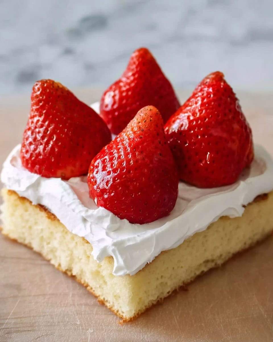 A square slice of light yellow cake is topped with a smooth, thick layer of white cream. Five large, bright red strawberries are placed on top of the cream, arranged close together with their pointed ends facing up. The cake is set on a white marbled surface. Photo taken with an iphone --ar 4:5 --v 7