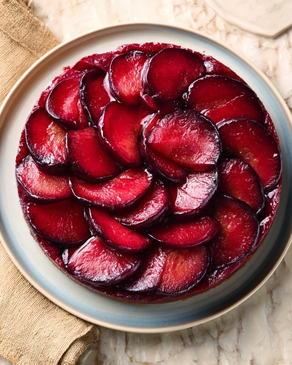 A round dessert with deep red, glossy plum slices arranged in overlapping layers forming a circular pattern on top, each slice showing shiny, smooth skin and juicy texture. The dessert base is slightly darker red, visible beneath the plum slices, giving a rich, moist look. It sits on a white plate with a light blue rim, placed on a white marbled surface with a folded beige cloth nearby. Photo taken with an iphone --ar 4:5 --v 7