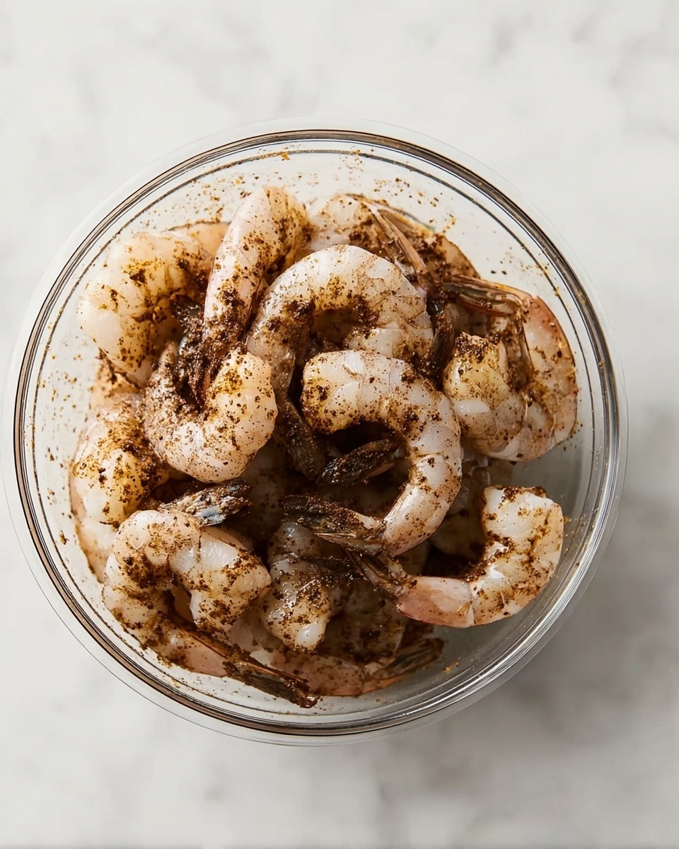 A clear glass bowl filled with raw shrimp mixed in a dark brown spice blend, showing the shrimp’s pale pink and translucent bodies with dark tail ends; the shrimp are evenly coated and layered inside the bowl, all placed on a white marbled surface photo taken with an iphone --ar 4:5 --v 7