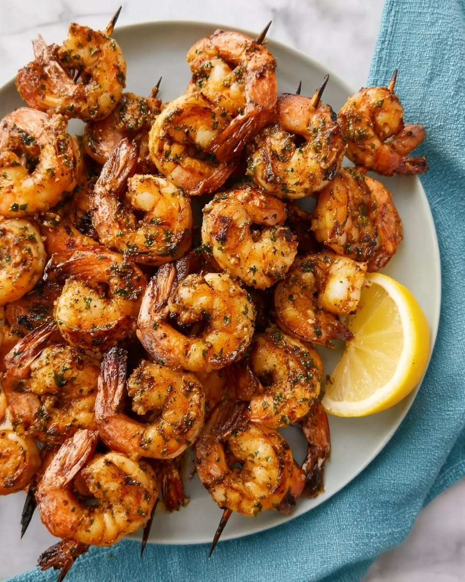 A white plate full of grilled shrimp skewers arranged in layers with the shrimp showing a mix of light orange and charred brown colors, some pieces with visible seasoning that looks like garlic and herbs. The shrimp have curled tails and glossy textures, and on one side of the plate there is a bright yellow lemon wedge. The plate is placed on a white marbled surface with a soft blue cloth partially visible near it. photo taken with an iphone --ar 4:5 --v 7