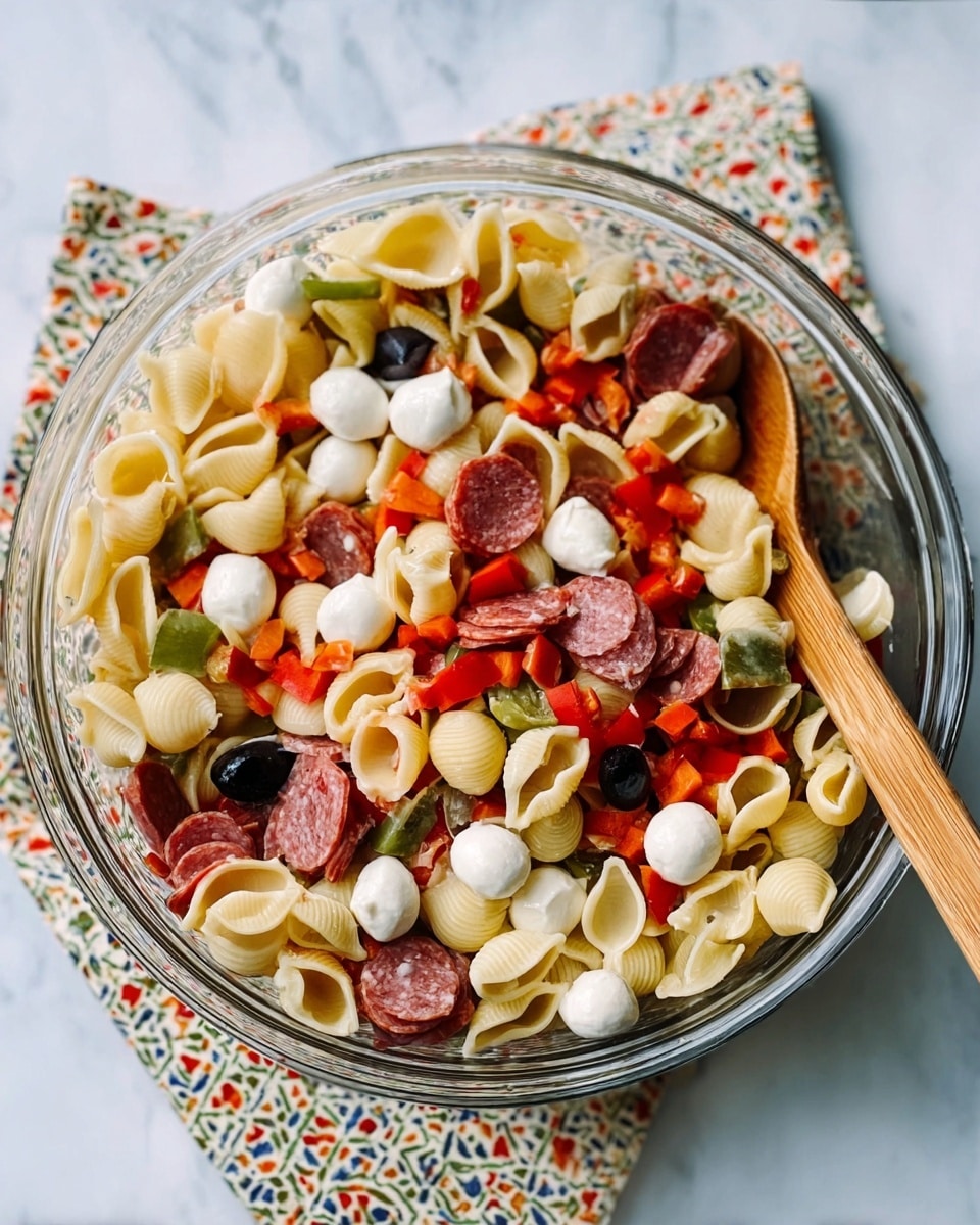 A clear glass bowl filled with a colorful pasta salad sitting on a white marbled surface with a patterned cloth underneath. The salad has three layers: a base layer of mixed shell pasta in light tan, cream, and pale green colors; a middle layer with small white mozzarella balls evenly spread; and a top layer made of chopped pieces of red and orange bell peppers, diced pepperoni, and black olives scattered throughout. A wooden spoon is resting inside the bowl, partially submerged in the salad. Photo taken with an iphone --ar 4:5 --v 7