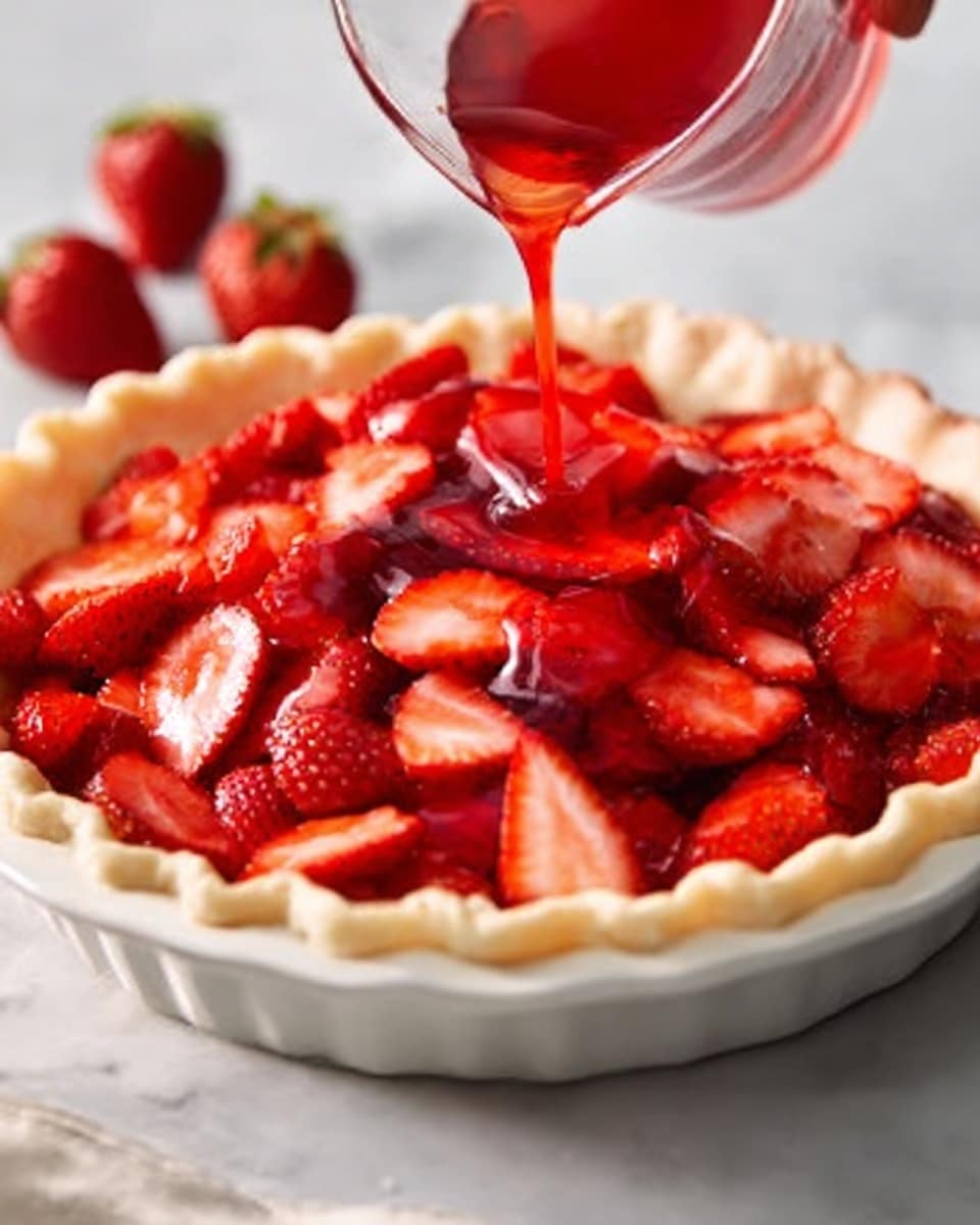 The image shows a white pie crust filled with fresh, sliced strawberries, arranged evenly to cover the bottom. A clear, red liquid is being poured from a transparent jug over the strawberries, spreading glossy and shiny over the fruit. The pie sits on a white marbled surface, with a few whole strawberries nearby out of focus. A woman's hand is holding the jug as the liquid flows smoothly onto the strawberries. The overall look is bright and fresh, with natural light highlighting the juicy red strawberries and the smooth, creamy pie crust. photo taken with an iphone --ar 4:5 --v 7