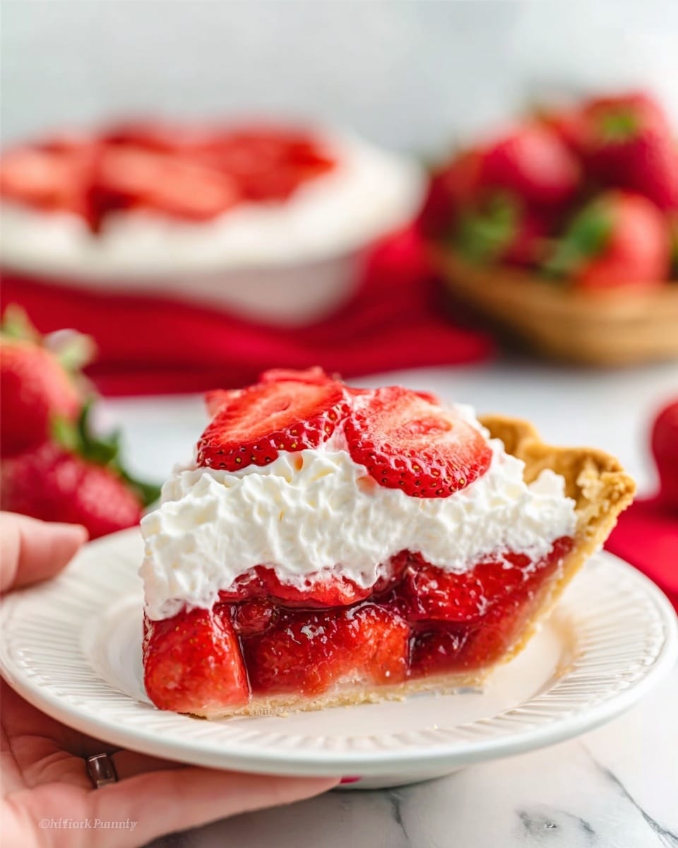 The image shows a slice of strawberry pie on a white plate. The pie has three layers: a golden crust at the bottom, bright red strawberry pieces filled in the middle, and a layer of white whipped cream on top with some strawberry slices placed on it. In the background, you can see a white bowl filled with more strawberry pie slices and a small basket of fresh strawberries. The surface is a white marbled texture with a blurred red cloth adding color in the back. A woman's hand is holding the plate from the bottom. Photo taken with an iphone --ar 4:5 --v 7