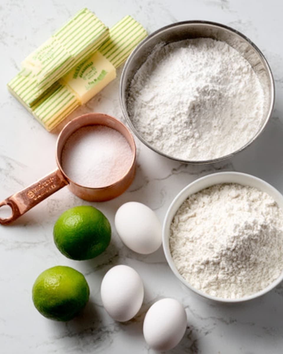 The image shows a white marbled surface with baking ingredients neatly arranged on it. There are two green limes near the center, a copper measuring cup with white sugar on the left, and a metal bowl with white flour at the top. Next to the limes, there are three white eggs. To the right, a white bowl is filled with more white flour. In the upper left corner, two green sticks of butter are placed side by side. The overall scene is bright and clean. photo taken with an iphone --ar 4:5 --v 7
