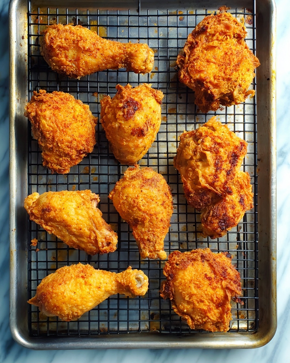 A metal baking tray with a black cooling rack on top holds nine pieces of fried chicken. The chicken pieces vary in shape, including drumsticks and rounder thigh pieces. Each piece has a golden brown, crispy coating with a rough texture and some darker spots, showing a crunchy surface. The tray and rack show slight stains from cooking, and the background is a white marbled texture. photo taken with an iphone --ar 4:5 --v 7