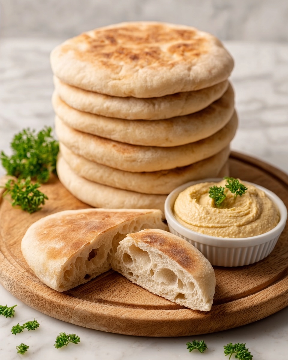 The image shows a stack of six round pita breads with a light golden-brown color and a soft, slightly puffed texture, placed on a round wooden board. In front of the stack, there is one pita bread cut in half, revealing a fluffy and airy inner texture with a light beige color. To the right, there is a small white bowl filled with smooth beige hummus topped with a small sprig of fresh green parsley. Some small green parsley leaves are scattered around the wooden board for decoration. The scene is set on a white marbled surface. Photo taken with an iphone --ar 4:5 --v 7