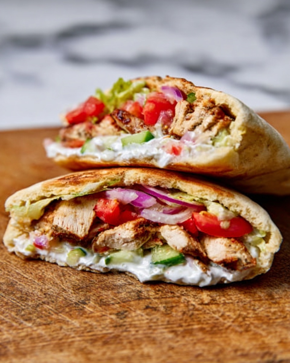 The image shows a sandwich cut in half on a wooden surface with a white marbled background. Each sandwich half reveals several layers inside: the soft pita bread on the outside is light brown and slightly toasted, followed by a layer of grilled chicken pieces with a light brown color and slightly crispy edges. Above the chicken, there are bright red chopped tomatoes, thin slices of purple onions, and a layer of creamy white sauce spread inside. The sandwich appears fresh and colorful with the ingredients clearly visible. Photo taken with an iphone --ar 4:5 --v 7