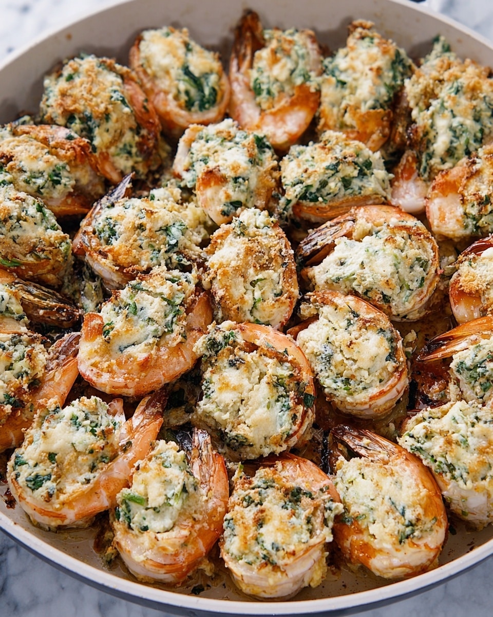 The image shows a white pan filled with many large shrimp, each split and opened, stuffed with a creamy mixture that looks light beige with green bits of herbs mixed inside. The shrimp have a slightly browned, cooked look on the edges, while the stuffing looks soft and textured with small leafy greens. The shrimp are arranged closely together in a circle, filling the pan. The background under the pan is a white marbled surface. photo taken with an iphone --ar 4:5 --v 7