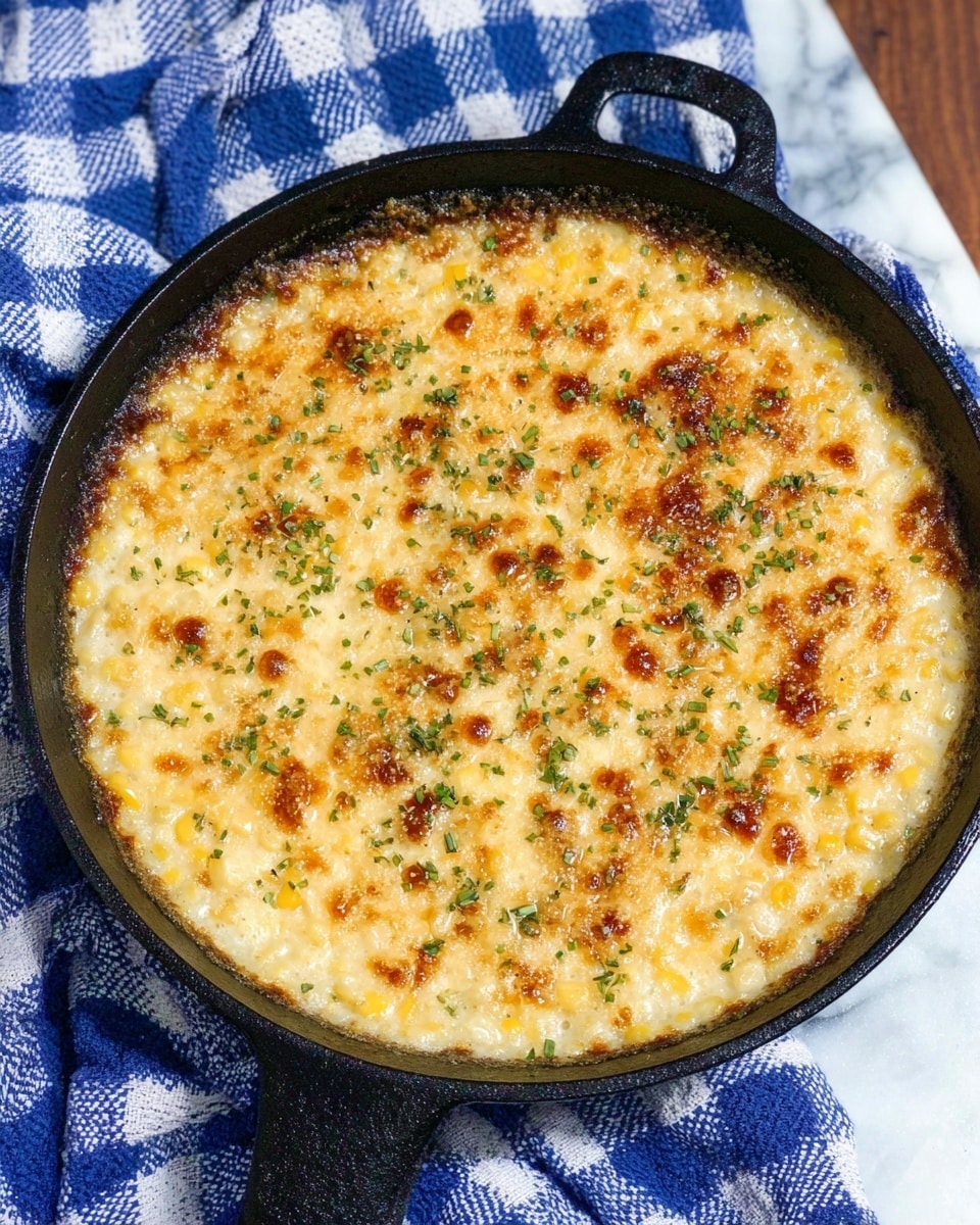 The image shows one layer of creamy baked corn in a black cast iron pan. The top is golden brown with small browned spots and a slightly bubbly texture, sprinkled with green herbs. The pan sits on a white marbled surface with a blue and white checkered cloth nearby. photo taken with an iphone --ar 4:5 --v 7