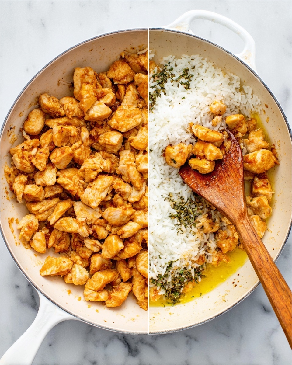 The image shows a white pan on a white marbled surface. Inside the pan is a layer of small pieces of cooked chicken, golden brown in color, with a slightly crispy texture. A wooden spatula is stirring the chicken. Next to it, the same pan has the cooked chicken at the bottom, topped with a layer of white rice and some green herbs. The wooden spatula is placed among the chicken and rice, mixing them gently. Photo taken with an iphone --ar 4:5 --v 7
