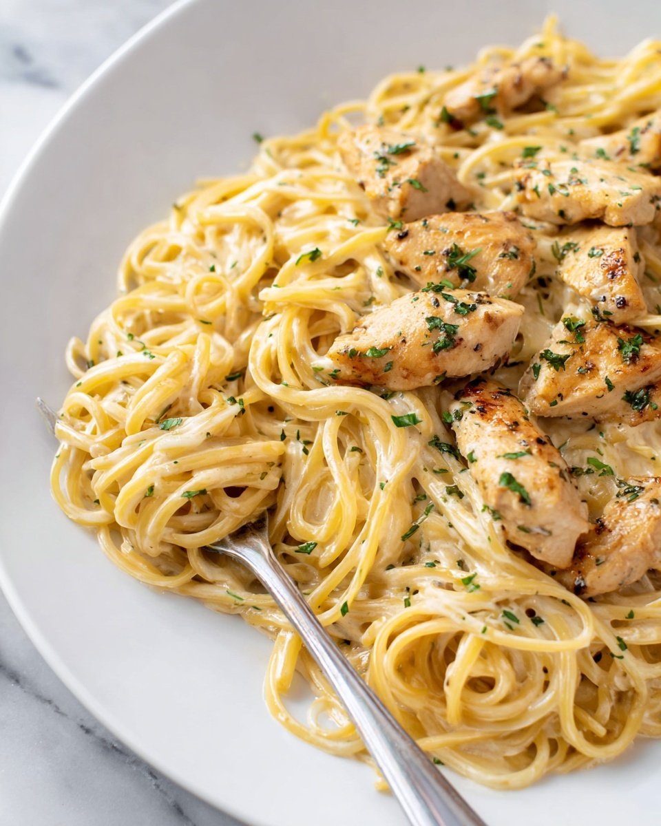 Garlic Parmesan Chicken Spaghetti in Four-Cheese Cream Sauce Recipe