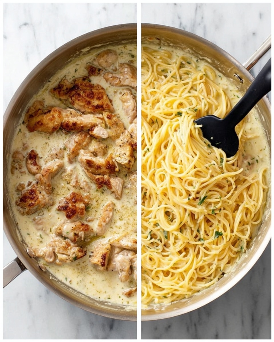 The image shows two views of a round silver pan with a white marbled background. On the left side, the pan contains several browned pieces of chicken on one half, sitting in a creamy white sauce, and plain yellow spaghetti on the other half. On the right side, the spaghetti is mixed with the chicken and sauce, creating a creamy, light yellow dish with bits of green herbs scattered on top. A black spatula is lifting some spaghetti in the right pan, showing the creamy texture and strands of pasta entwined. The scene captures a moment of mixing pasta and chicken in the sauce. photo taken with an iphone --ar 4:5 --v 7