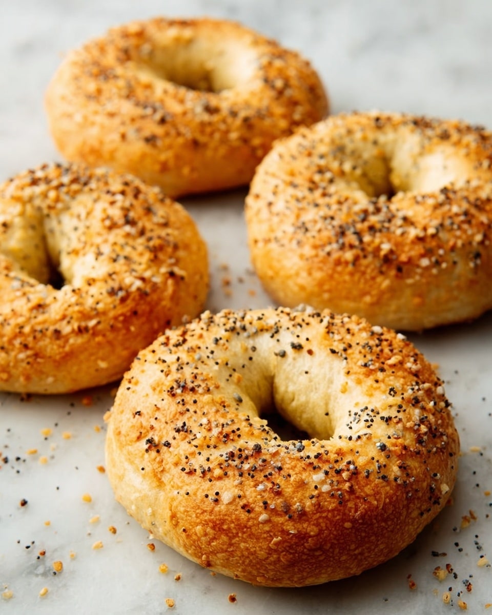 Four golden brown bagels with a slightly rough surface are placed on a white marbled texture. The bagels are coated with scattered seeds and small spices, adding a speckled pattern of white, black, and brown on top. The center holes of each bagel are clearly visible, showing the light, soft inside texture. The bagels are arranged in a loose group with one in the front and three slightly blurred in the background, giving depth to the image. Photo taken with an iphone --ar 4:5 --v 7