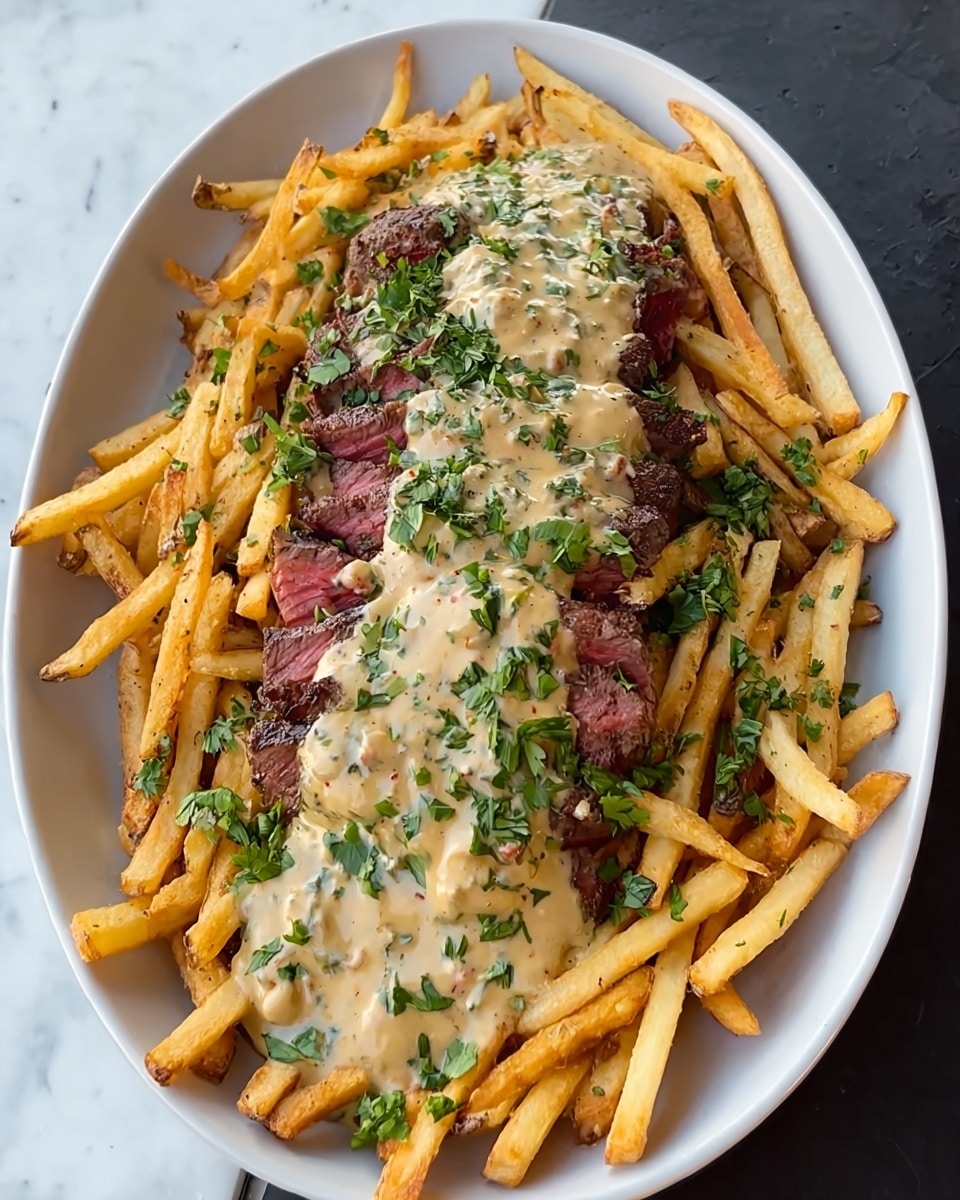 A long oval white plate holds a pile of golden, crispy French fries spread out evenly, creating the first layer with a slightly rough texture. On top of the fries lies a thick, medium-rare steak, visible in the middle with a pink center and seared dark brown edges. The steak is generously covered by a creamy, light beige sauce with small bits of herbs mixed in, giving it a smooth and slightly chunky look. Scattered fresh green chopped parsley leaves are sprinkled over the fries, steak, and sauce, adding bright color contrast. The dish is placed on a white marbled surface. photo taken with an iphone --ar 4:5 --v 7