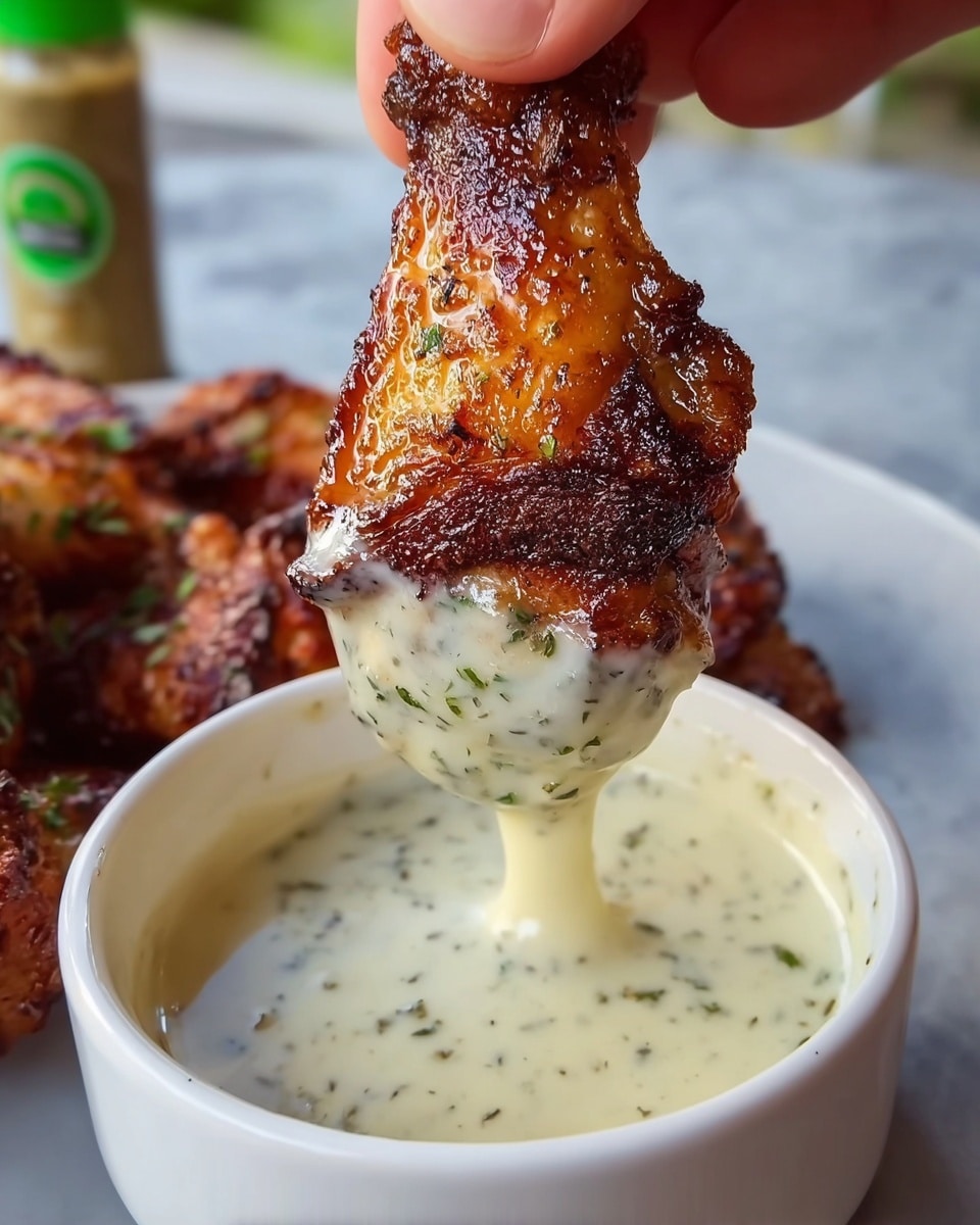 A close-up image of a crispy, dark golden-brown smoked chicken wing being dipped into a light cream-colored sauce speckled with herbs. The wing has a shiny, textured skin and is held by a woman's hand at the top, showing the crispy skin catching the light. The wing is halfway submerged in a smooth, creamy sauce inside a white bowl. In the background, more smoked chicken wings rest on a white plate, and there is a green seasoning bottle visible behind them, all placed on a white marbled surface. Photo taken with an iphone --ar 4:5 --v 7