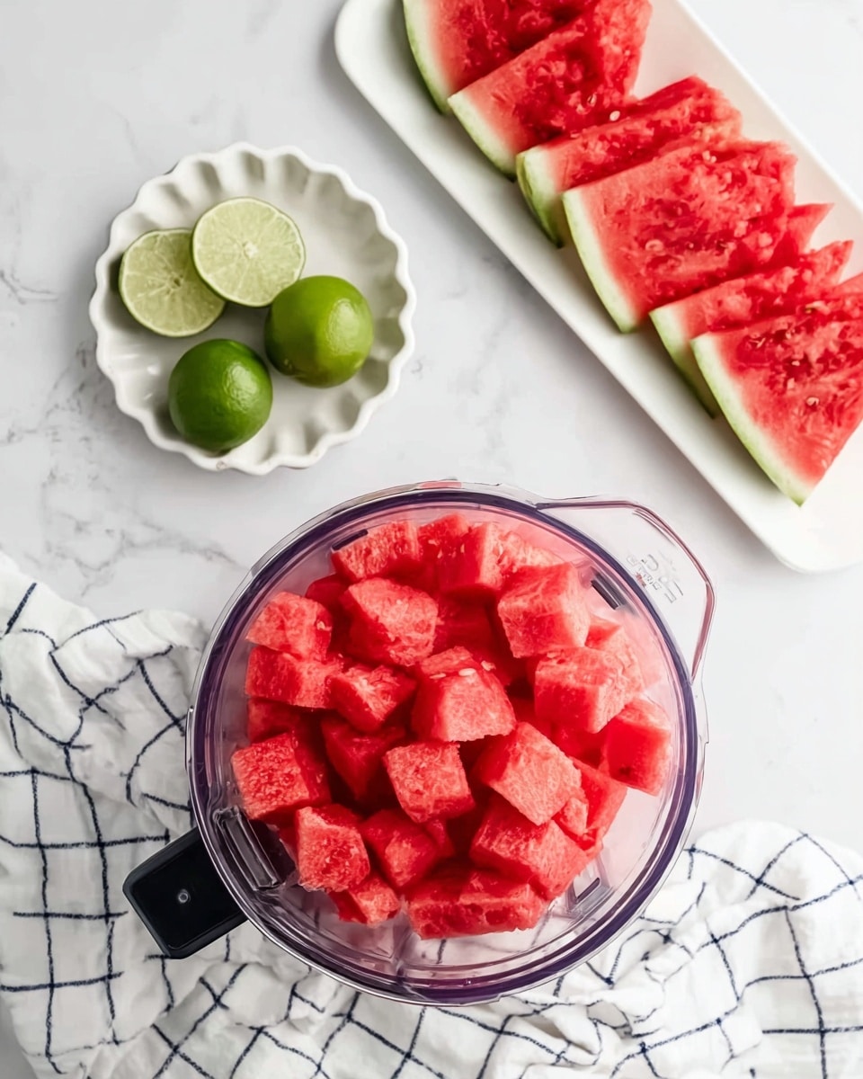 A clear blender jar filled with many bright red watermelon cubes sits on a white marbled surface. To the top right, a long white plate holds five neatly arranged watermelon slices showing their green rinds and red inside with seeds. At the top left, a small white scalloped dish contains three green limes, one of them sliced in half showing its juicy pale green inside. A white cloth with blue grid lines is partly visible beneath the blender jar, all set against the white marbled background. photo taken with an iphone --ar 4:5 --v 7