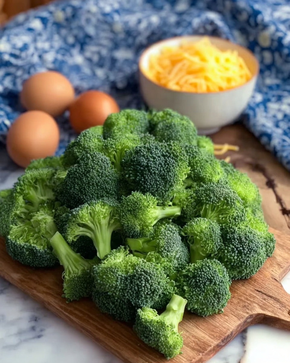 A pile of fresh green broccoli with tight florets sits on a light wooden board in the foreground. Behind the broccoli, there is a small wooden bowl filled with shredded yellow cheese. To the right of the bowl, two brown eggs rest on the surface. All items are placed on a white marbled texture. In the background, a blue and white patterned cloth is slightly crumpled. Photo taken with an iphone --ar 4:5 --v 7