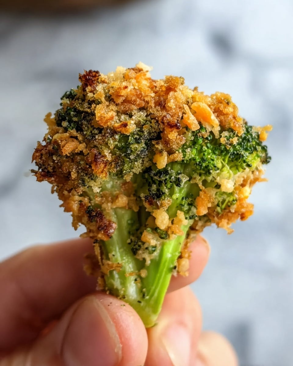 A close-up of a woman's hand holding a single piece of broccoli, topped with a crispy golden brown crumb layer that has a rough, crunchy texture. The broccoli's bright green stem supports the crumb-covered top, which has a mix of light orange and brown colors with small crunchy bits. The background is a blurred white marbled surface, drawing focus to the eaten broccoli detail. Photo taken with an iphone --ar 4:5 --v 7