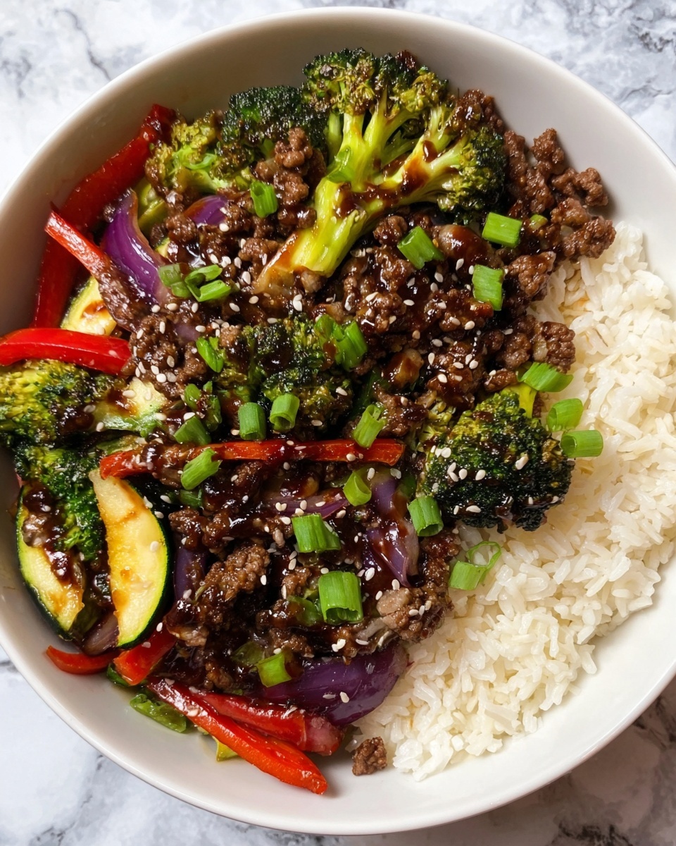 A bowl filled with three main layers: the bottom layer is soft, slightly shiny white rice spread evenly across the bowl; the middle layer has colorful stir-fried vegetables including bright green broccoli florets, green zucchini slices, and thin, vivid red bell pepper strips mixed with purple onion pieces; the top layer contains browned, small chunks of cooked ground meat scattered over the vegetables and rice, all coated with a glossy dark sauce and sprinkled with white sesame seeds and chopped green onions. The bowl is white, placed on a white marbled surface. photo taken with an iphone --ar 4:5 --v 7