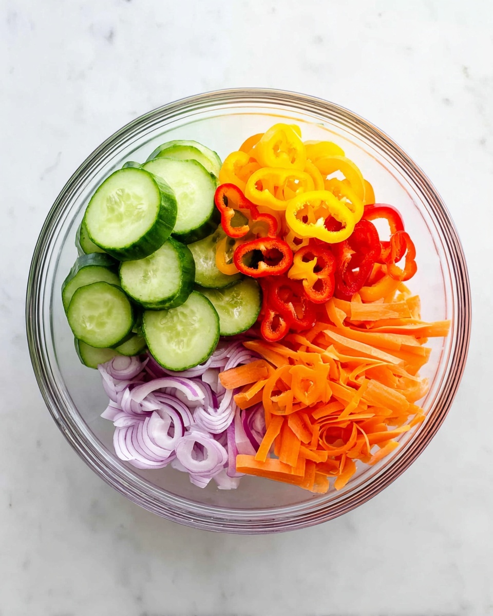 A clear glass bowl on a white marbled surface holds four groups of fresh vegetables arranged separately. On the top left, there are round green cucumber slices with a smooth texture. To the right of these, there are small, brightly colored orange, yellow, and red mini bell pepper rings, showing their hollow centers. Below the peppers, long, thin orange carrot strips are neatly piled. On the bottom left, there are thin, curly rings of light purple shallots. The bowl is viewed from above, and the white marbled background adds a clean look. photo taken with an iphone --ar 4:5 --v 7