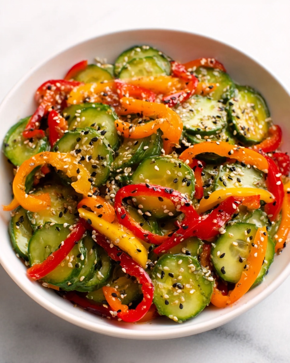 A white bowl filled with a colorful salad sits on a white marbled surface. The salad has two main layers: the base layer is slices of green cucumber with glossy skin, arranged evenly; the top layer is thin rings of bright red, orange, and yellow bell peppers scattered over the cucumbers. There are black and white sesame seeds sprinkled on the entire salad, adding texture and small dots of contrast. The vegetables look fresh and slightly shiny, showing a light dressing. Photo taken with an iphone --ar 4:5 --v 7