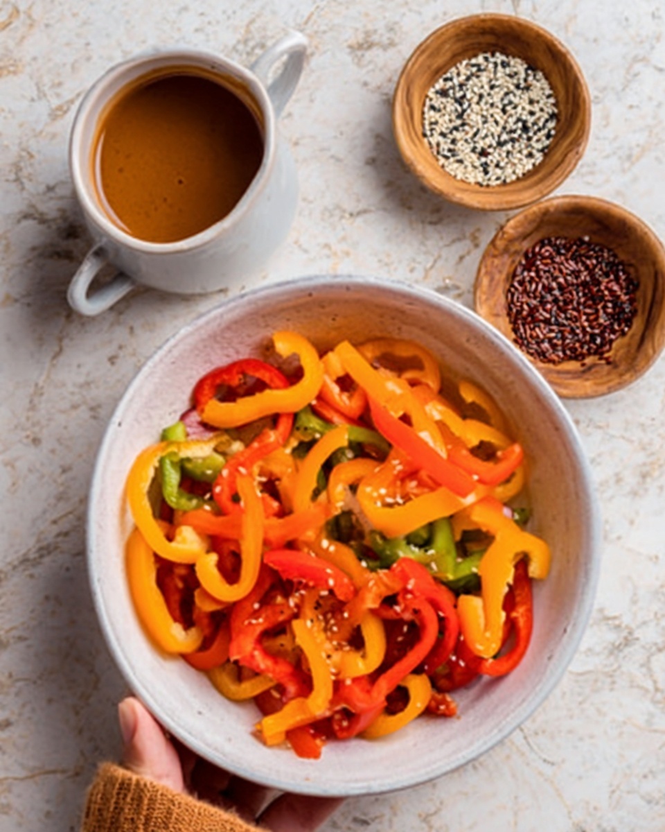 A white bowl filled with several layers of colorful sliced mini bell peppers arranged in a mixed pattern of red, orange, and yellow colors resting on a white marbled surface. To the upper left of the bowl sits a white cup filled with brown dressing, and to the upper right are two small round wooden bowls containing mixed seeds, one with white and black seeds and the other with reddish seeds. A woman's hand is seen holding the white bowl from the bottom left corner. photo taken with an iphone --ar 4:5 --v 7