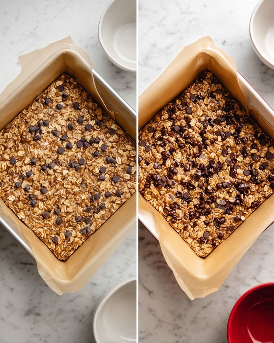The image shows two square white pans lined with light brown parchment paper filled with oat and chocolate chip mixture. On the left, the mixture is raw, with visible whole oats and scattered dark chocolate chips on top, creating a rough texture with light tan and dark brown spots. On the right, the same mixture looks baked, with a slightly darker, golden brown color, the oats and chips appear more compact and glossy, with melted chocolate chips deeper into the surface. Both pans are placed on a white marbled surface with a few white and red bowls visible around the edges. photo taken with an iphone --ar 4:5 --v 7