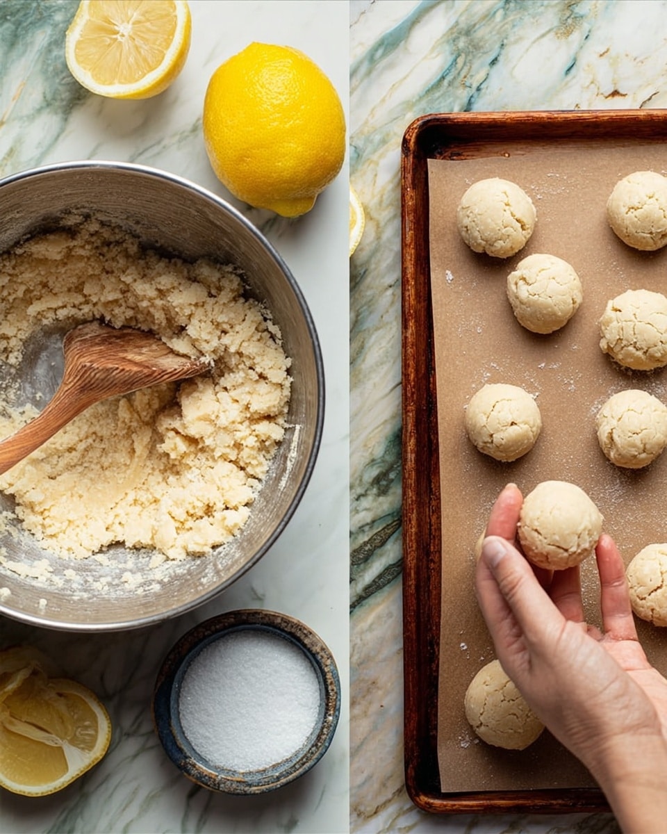 The image shows two scenes side by side on a white marbled surface. On the left side, there is a metal mixing bowl filled with a rough, crumbly dough of light beige color, with a wooden-handled spatula resting inside the bowl. Half a lemon and a whole lemon sit nearby. On the right side, a woman's hand is shaping a smooth, round dough ball above a baking tray lined with brown parchment paper. The tray holds several similar dough balls, some more textured with a light coating, and a small bowl filled with granulated white sugar sits near the bottom edge. Photo taken with an iphone --ar 4:5 --v 7