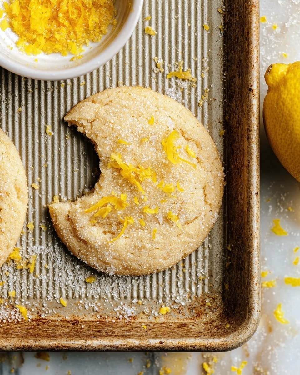 The image shows a close-up of a round cookie with a bite taken out of it, resting on a ridged baking sheet. The cookie has a light golden color and a grainy sugar coating on top with some small yellow lemon zest pieces scattered across its surface. In the top left corner, part of a white bowl filled with more bright yellow lemon zest sits partially in the frame. To the right side, a bright yellow lemon is partially visible. The baking sheet has a well-used look with some scattered sugar crystals around the cookie. The surface below is a white marbled texture. photo taken with an iphone --ar 4:5 --v 7