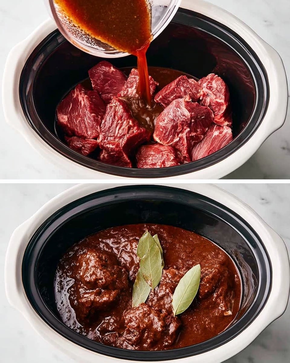 A slow cooker with raw red meat chunks placed at the bottom layer, showing rich marbling and texture, with a thick, dark brown sauce being poured over them from a clear glass container in the first frame; in the second frame, the meat is fully covered in a thick, smooth dark brown sauce with a few whole green bay leaves on top, all inside the white slow cooker, set against a white marbled surface. photo taken with an iphone --ar 4:5 --v 7