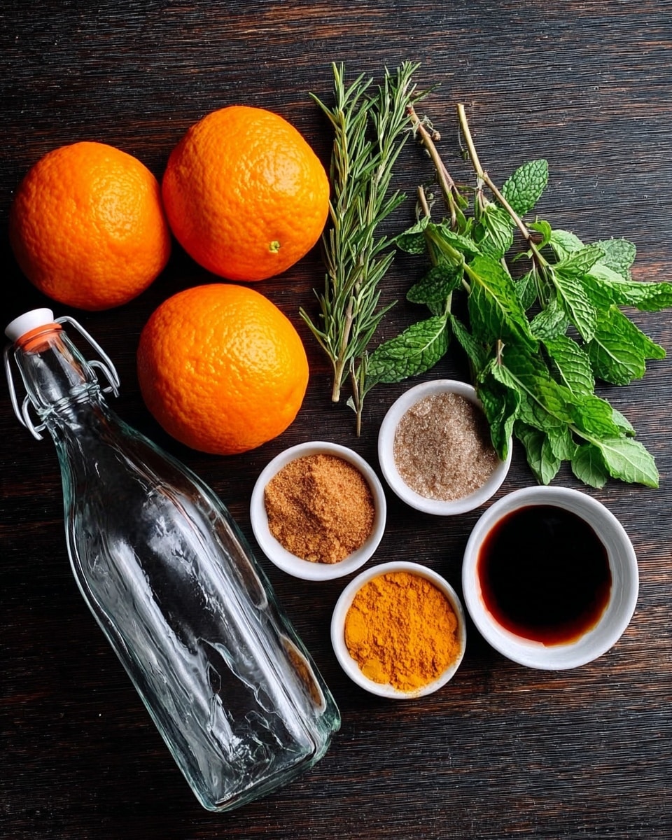 The image shows a dark wooden surface with a clear glass bottle with a swing-top cap on the left side. Next to it are three whole ripe oranges with bright orange skin. Near the oranges, there are three small white bowls with different powders and liquid: one looks like brown sugar, the second is a yellow-orange spice, and the third is a dark liquid, possibly syrup. There are also two green herb sprigs on the right side: one appears to be rosemary, and the other looks like fresh mint leaves. The overall setting is neat with a variety of colors from the orange, green, and brown elements. Photo taken with an iphone --ar 4:5 --v 7
