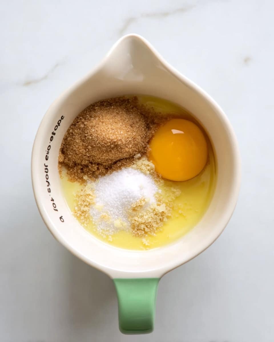 A white measuring cup with a green handle sits on a white marbled surface, containing four separate ingredients: a whole egg yolk with a bright yellow-orange color positioned on the right, a mound of light brown granulated sugar near the top center, a small heap of fine white granulated sugar on the left side, and a pool of melted butter with a golden-yellow tone filling the remaining space beneath the other ingredients. The inner rim of the cup shows black text marking