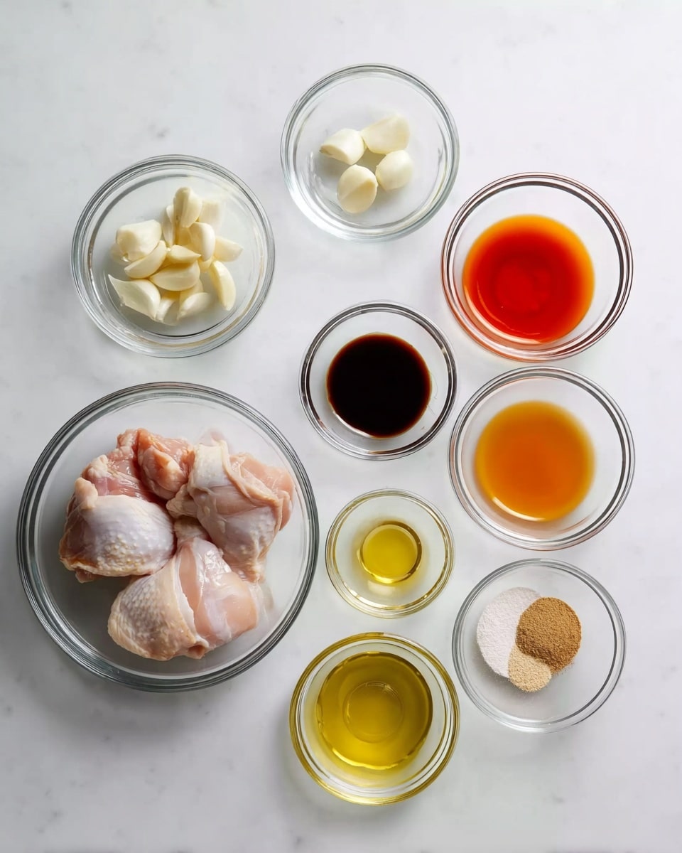 The image shows a top view of ten small clear glass bowls arranged neatly on a white marbled surface. One large clear glass bowl on the bottom left holds four raw chicken thighs with skin. Surrounding it are nine smaller bowls containing different ingredients: peeled garlic cloves in the top left, a small amount of clear liquid, thick dark soy sauce, and ground black pepper across the top row. In the middle row, there is a bright orange chili sauce, light golden honey, and again a clear liquid. The bottom row includes pale yellow oil, more clear liquid, and a beige powdered spice. The clean, simple layout shows the ingredients separated clearly for cooking preparation photo taken with an iphone --ar 4:5 --v 7