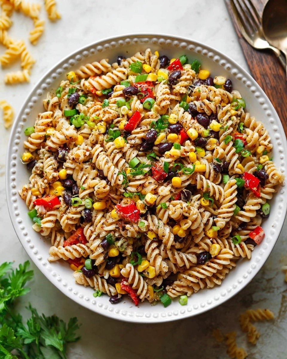 A large white bowl filled with three layers: the bottom layer is cooked rotini pasta showing ridged spirals in a light beige color; the middle layer mixes black beans, yellow corn kernels, diced red peppers, and chopped green onions, scattered evenly; the top layer is garnished with quarter lime wedges, sprinkled white cheese crumbs, chopped fresh green herbs, and a light dusting of dark seasoning powder. The bowl is placed on a dark wooden surface with sprigs of fresh green herbs around it, alongside a small white plate with a few pasta pieces and gold-colored fork and spoon nearby. Photo taken with an iphone --ar 4:5 --v 7
