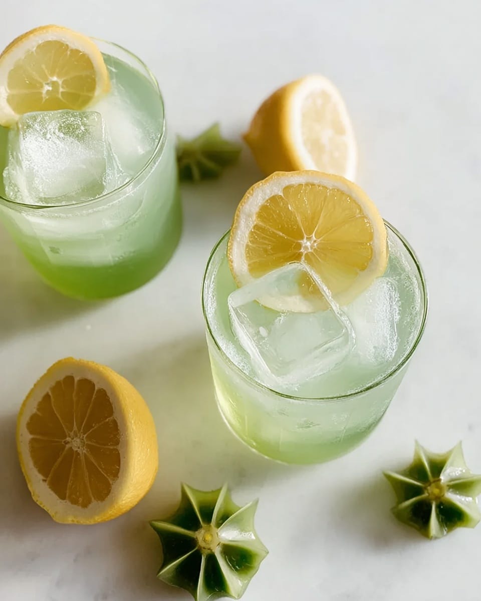Two clear white glasses filled with light green drink and large ice cubes sit on a white marbled surface. Each glass has a slice of lemon placed on the rim. Around the glasses are lemon wedges and green sliced fruits with a star-like inner shape, arranged loosely on the surface. The drink looks cool and refreshing. Photo taken with an iphone --ar 4:5 --v 7