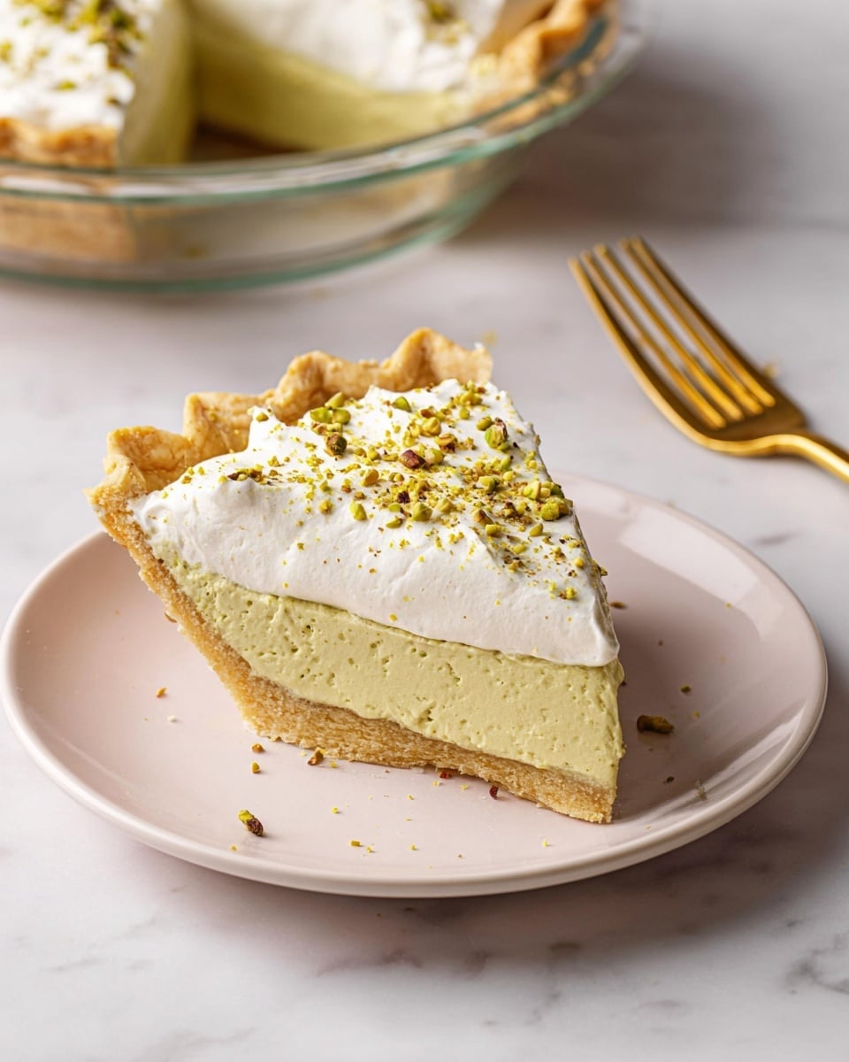 A slice of pie with three layers sits on a white plate over a white marbled surface. The bottom layer is a light golden crust with a flaky texture and crimped edges. The middle layer is thick and creamy with a pale green color, slightly textured. The top layer is a smooth white whipped cream spread evenly, sprinkled with small pieces of crushed pistachios. In the background, the rest of the pie is in a clear glass pie dish. A gold fork lies near the plate. Photo taken with an iphone --ar 4:5 --v 7