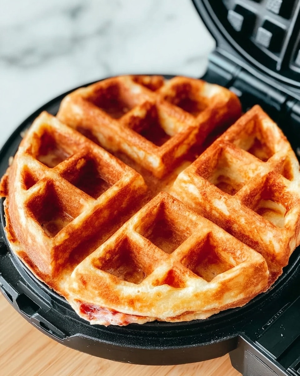 A single golden-brown waffle with a crispy texture is sitting inside an open black waffle maker. The waffle has deep square grids and slight uneven edges where some batter has spilled over and cooked. The waffle maker is placed on a light-colored wooden surface, and the background is a white marbled texture. The image shows the waffle from a close angle, highlighting its thick, fluffy layers. photo taken with an iphone --ar 4:5 --v 7