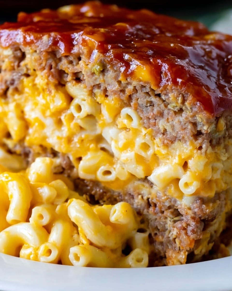 A close-up image of a thick slice of layered macaroni and cheese meatloaf on a white plate, showing three main layers: the top and bottom layers are brown, textured meat with a glazed reddish-brown sauce on the top meat layer, and the thick middle layer is creamy, bright yellow macaroni and cheese with elbow noodles tightly packed. The white marbled surface is visible in the background. photo taken with an iphone --ar 4:5 --v 7
