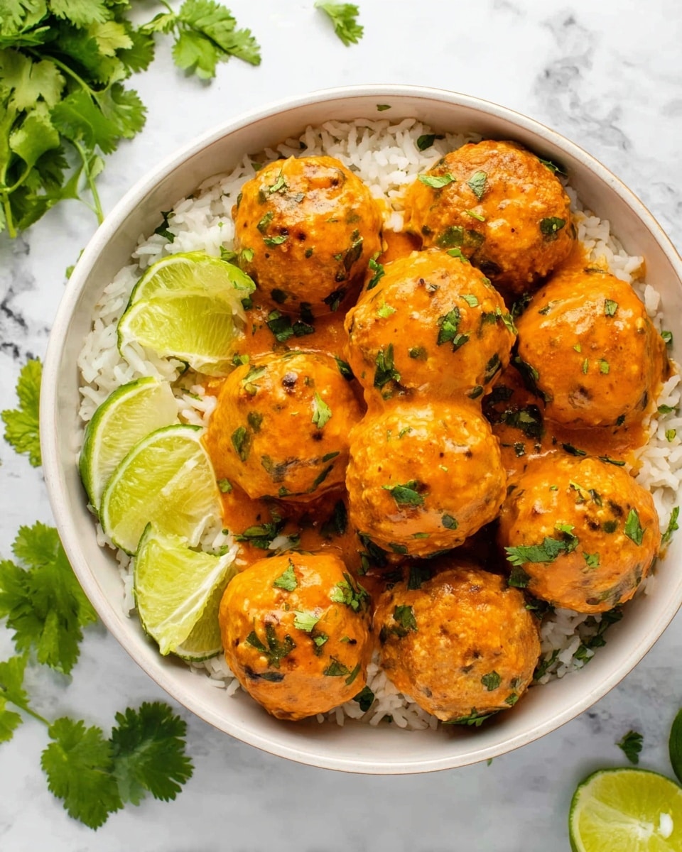 A white bowl filled with a base layer of white rice with a fluffy texture, topped with seven round meatballs coated in an orange sauce. The meatballs have visible green herbs mixed through and on top. Two lime wedges are placed along the inner edge of the bowl, and fresh green cilantro leaves lay on the side of the rice, adding a fresh touch. The bowl rests on a white marbled surface with some green cilantro sprigs scattered nearby. Photo taken with an iphone --ar 4:5 --v 7