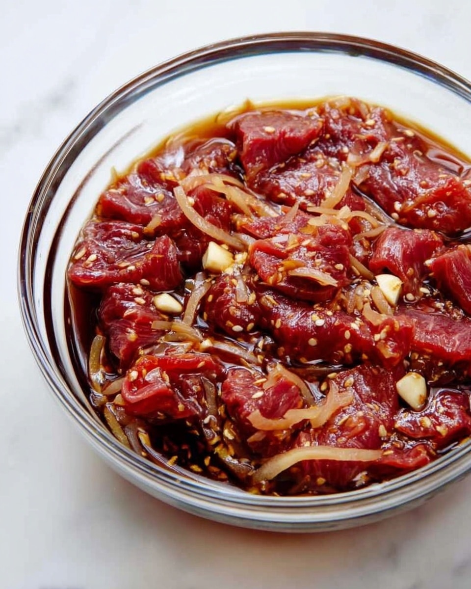 A clear glass bowl is filled with thin slices of raw red meat mixed with thin, light beige strips of ginger and small white pieces of garlic. The meat and ginger are soaked in a dark brown soy sauce marinade that shines under the light. The bowl sits on a white marbled surface, and the sauce creates a glossy, wet texture that covers the meat evenly. photo taken with an iphone --ar 4:5 --v 7