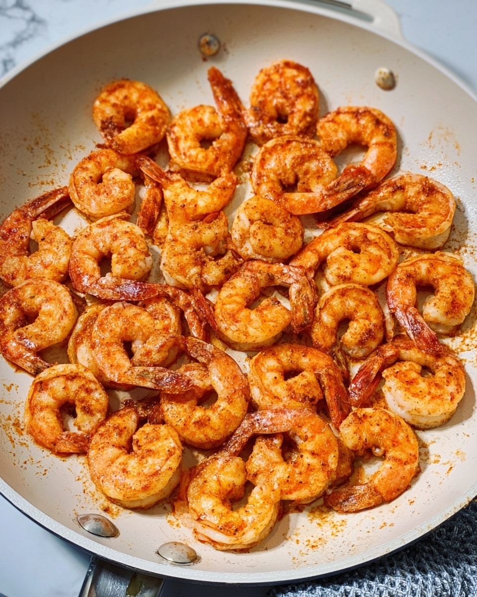 A white frying pan filled with a single layer of cooked shrimp, arranged closely but not stacked. The shrimp are orange with light brown spices or seasoning visible on their curled bodies and tails, creating a slightly rough texture. The pan is on a white marbled surface background, and no other items are visible. The shrimp fill the pan evenly, showing their curved shape and slight char marks. Photo taken with an iphone --ar 4:5 --v 7