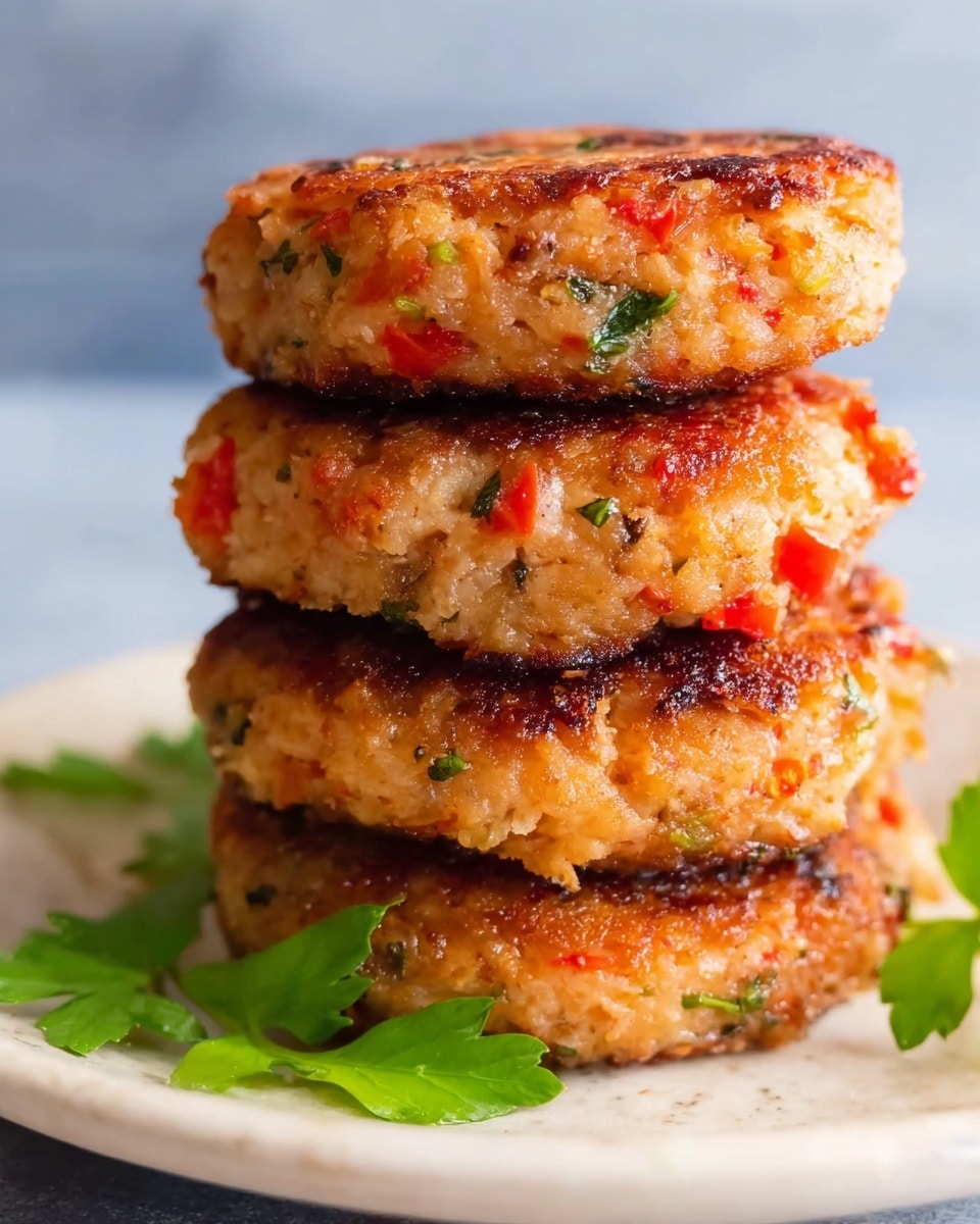 The image shows a stack of four golden-brown patties with visible small bits of red peppers, green herbs, and light bread crumbs throughout. Each patty is thick and looks crispy on the outside with a moist texture inside. The patties are neatly piled on a white plate with a few green herb leaves next to the stack. The background is a soft white marbled surface that contrasts with the warm tones of the patties. photo taken with an iphone --ar 4:5 --v 7