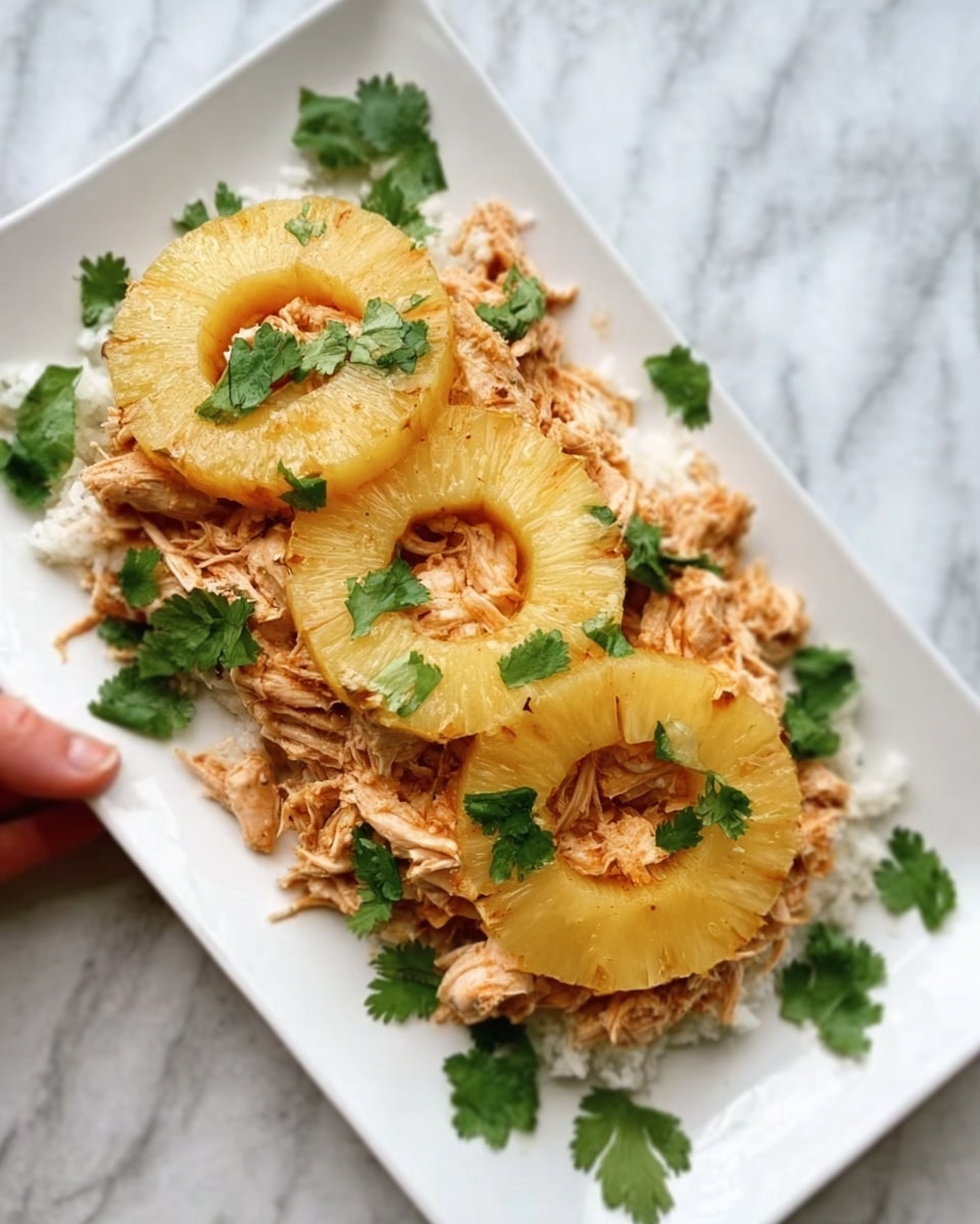 The image shows a white rectangular plate with two large round yellow pineapple rings placed on top of a bed of shredded light brown chicken. Small green cilantro leaves are scattered over the top, adding color contrast. The plate rests on a white marbled surface, and a woman's hand is slightly visible at the bottom left corner, gently holding the plate. The photo taken with an iphone --ar 4:5 --v 7