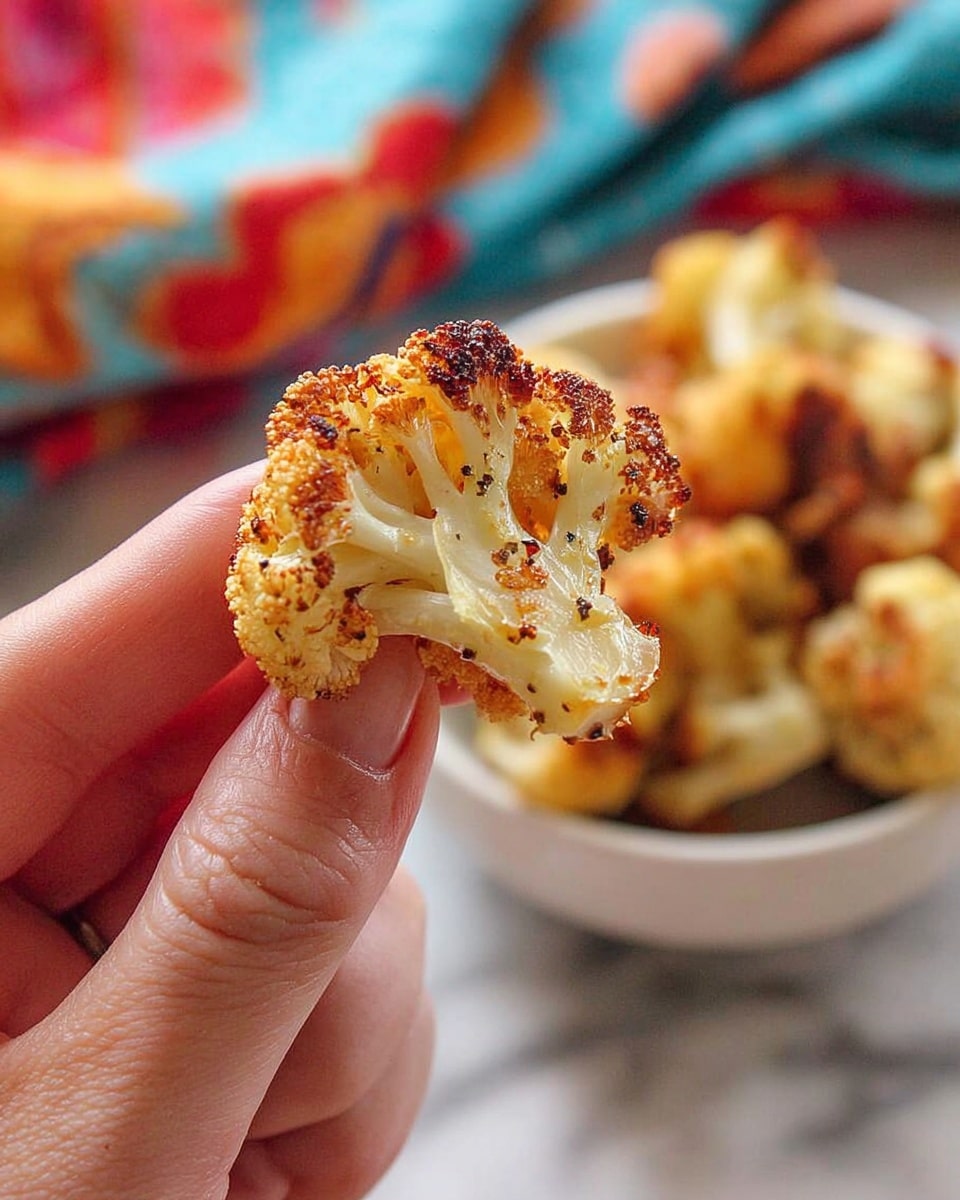 The image shows a white bowl filled with several pieces of golden brown roasted cauliflower. Each cauliflower piece has a crispy, slightly charred outer layer with a rough texture and subtle darker spots from roasting. The florets are clustered closely together, with some pieces showing small white stems underneath the browned tops. The bowl is placed on a colorful fabric with shades of yellow, blue, and red, and the surface beneath has a white marbled texture. Photo taken with an iphone --ar 4:5 --v 7