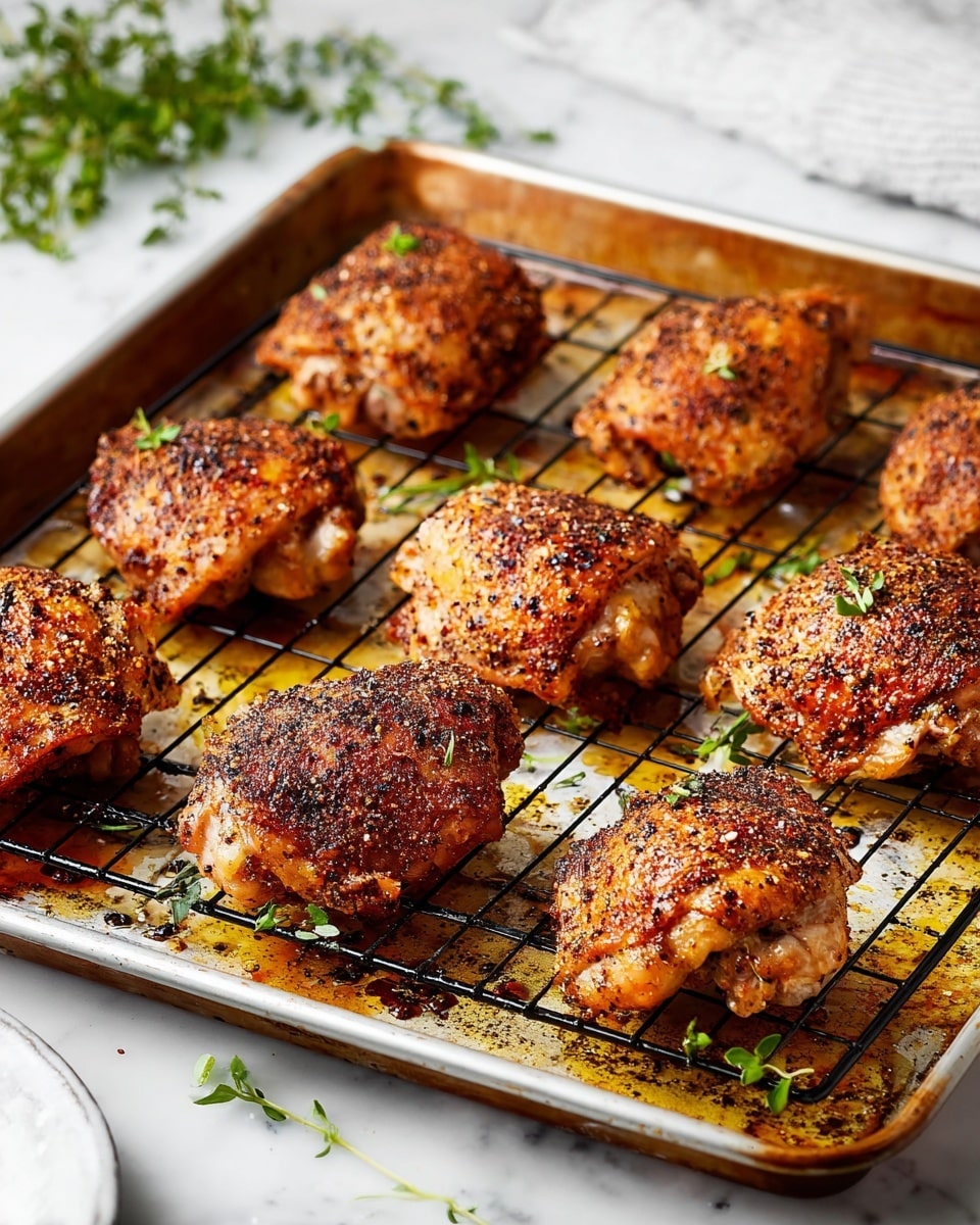 The image shows eight browned and seasoned chicken thighs arranged in two rows on a black metal rack placed over a silver baking tray. The chicken thighs have a crispy, textured skin with spices sprinkled on top, adding dark reddish and black specks. Small green herb leaves are scattered lightly on some pieces and around the tray. The baking tray has golden-brown juices and oil pooling beneath the rack. The whole setup sits on a white marbled surface with a small part of a white plate on the bottom left corner and some fresh green herbs blurred in the background. photo taken with an iphone --ar 4:5 --v 7