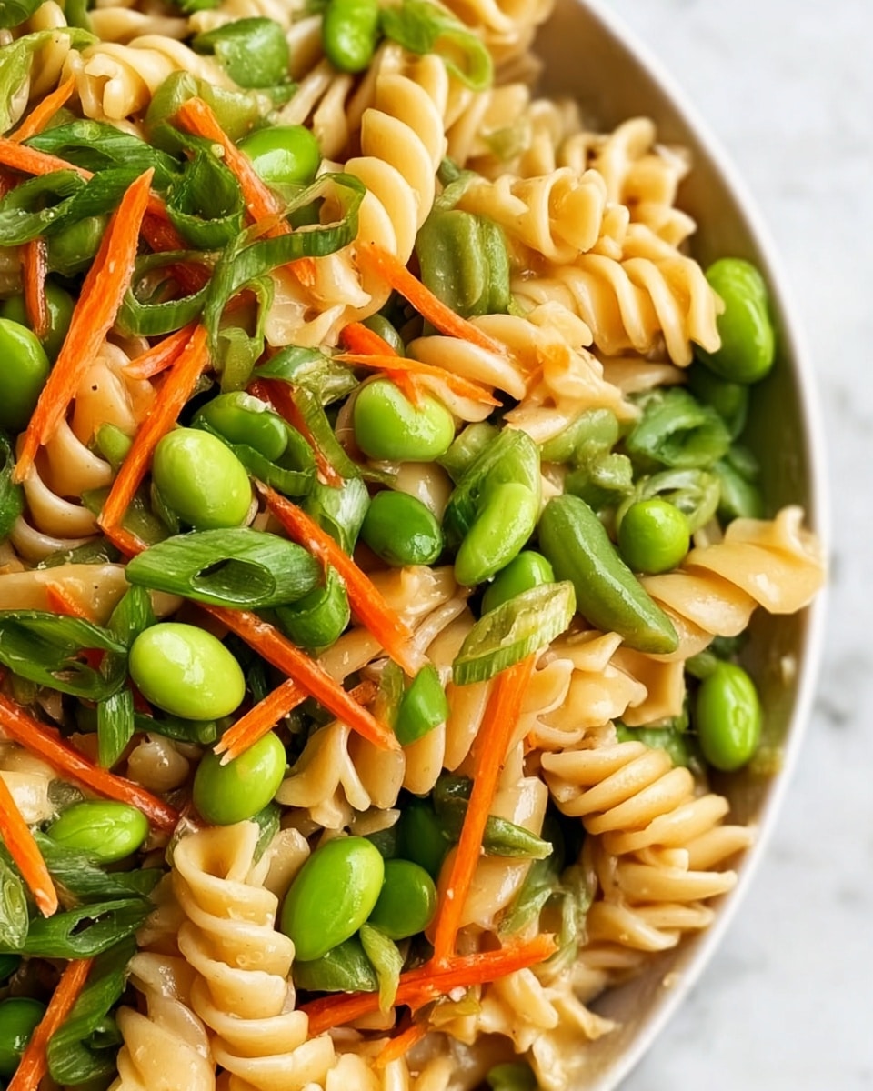 The image shows a close-up of a pasta salad with three layers visible. The bottom layer is light tan rotini pasta, with twisted shapes adding texture. On top, there are green edamame beans, snap peas, and sliced green onions scattered evenly, adding bright green color and fresh textures. Thin orange carrot sticks are also spread throughout, adding a pop of orange and crunchy look. The whole dish is on a white plate, placed on a white marbled surface. The ingredients all look fresh and slightly shiny. photo taken with an iphone --ar 4:5 --v 7