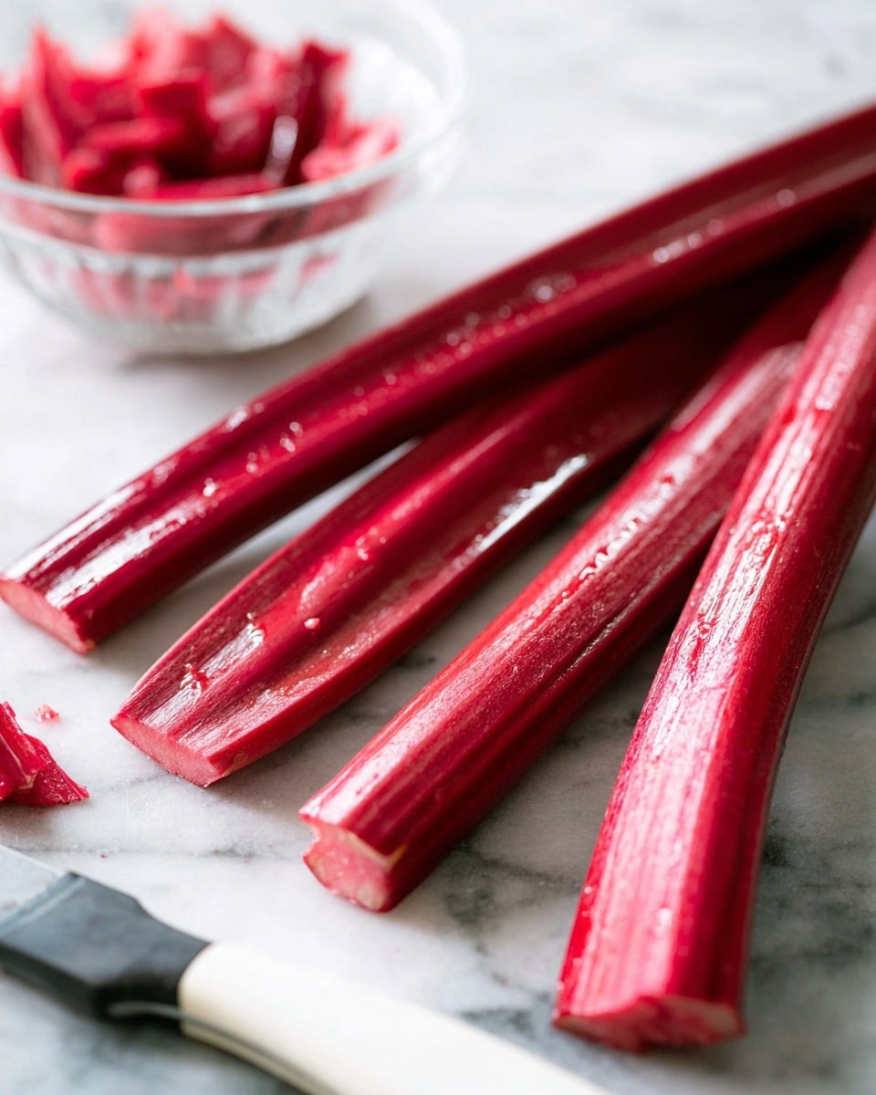 The image shows four long and shiny red stems of rhubarb placed parallel on a white marbled surface. They have a glossy texture with moisture drops visible on them. A small glass bowl filled with chopped rhubarb is seen in the background, slightly blurred. In the foreground, a white knife with a black handle lies flat, with a small piece of rhubarb cut near the blade. The scene looks fresh and ready for cooking. photo taken with an iphone --ar 4:5 --v 7